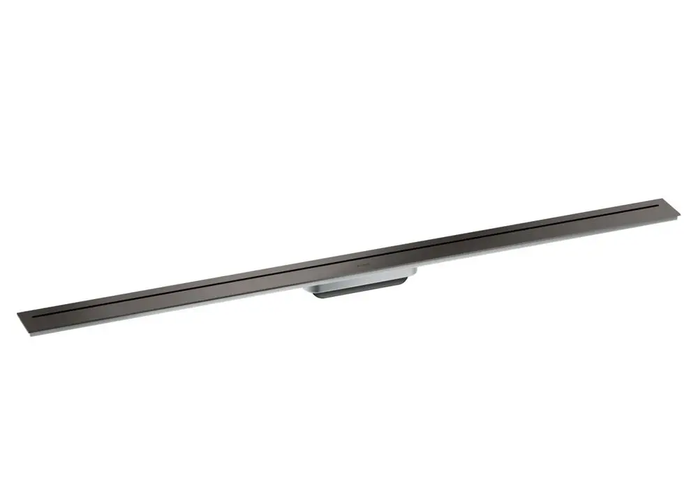 Duschrinne in gebürstetem Schwarzchrom von AXOR, lang und schlank, geeignet für bodengleiche Duschen, mit einfacher Installation.